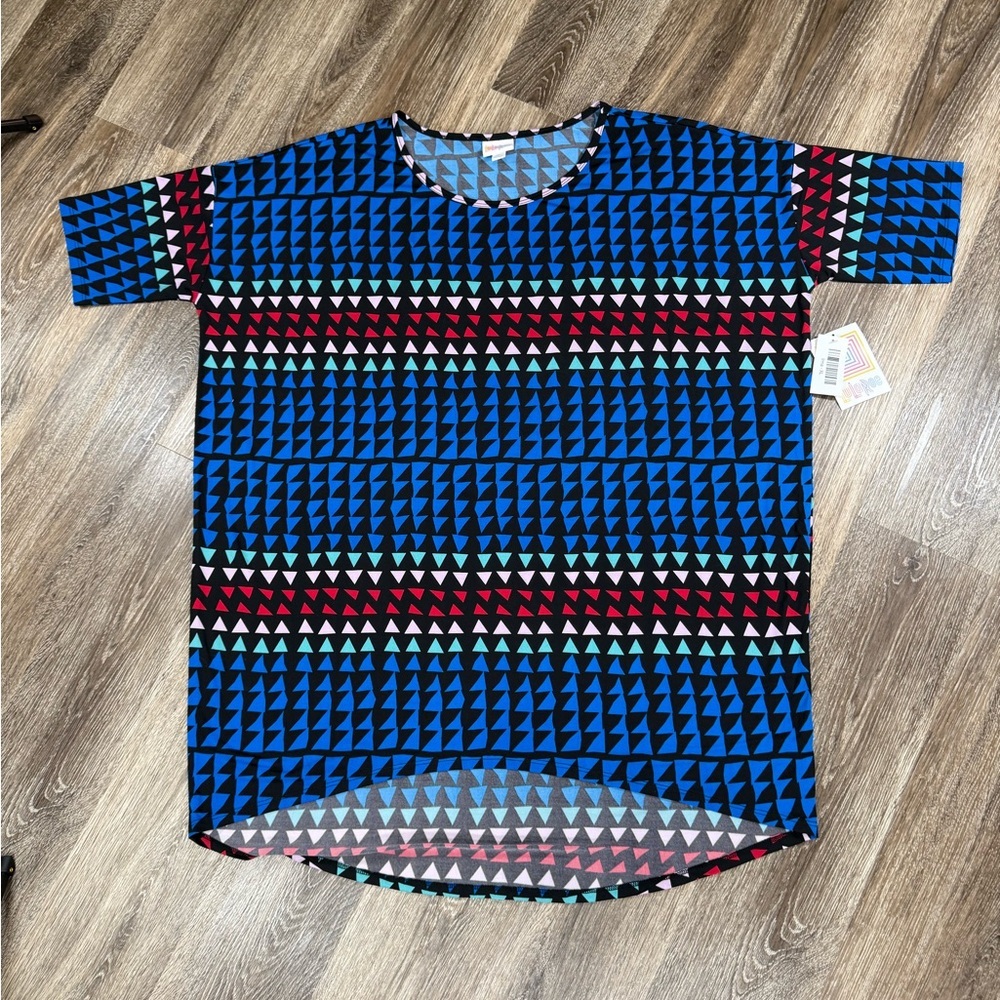 NWT Lularoe Irma Hi Lo Tunic Blouse Black Blue Red Triange design geometic sz:XL